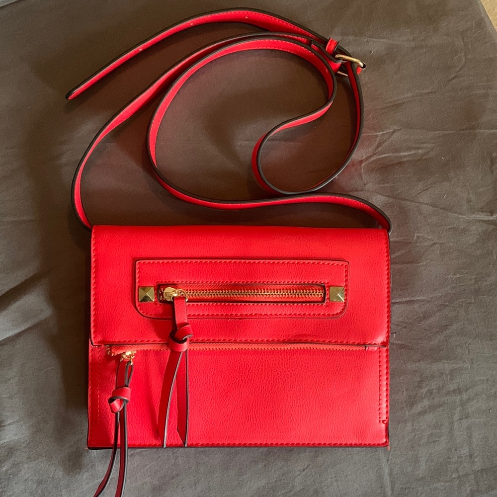 Red Fashion Crossbody Envelop Purse with Gold details.